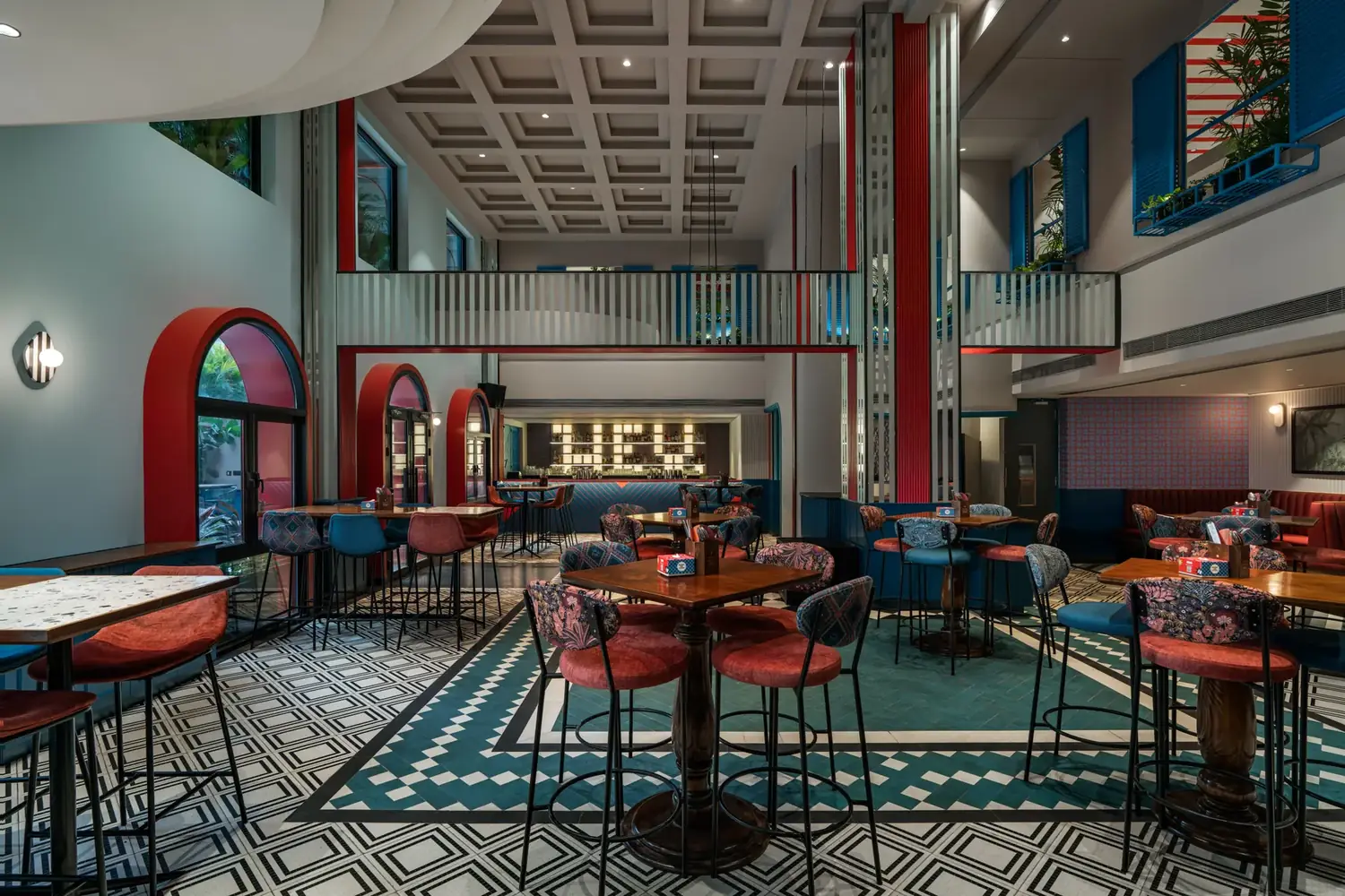 Heyou's two-level interior, with dining above and the bar below