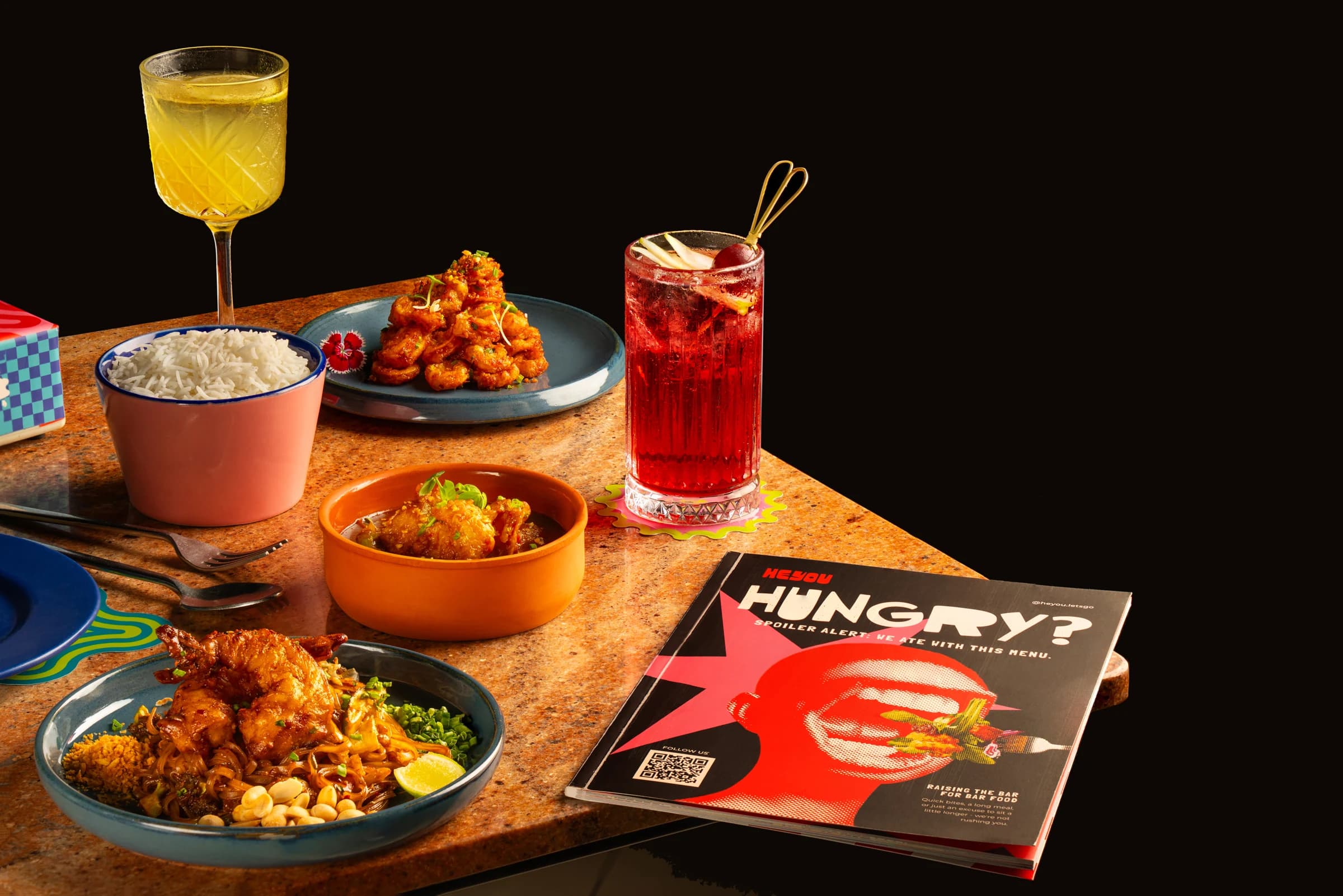Heyou’s noodle bowl, curry and rice, with cocktails and the food menu